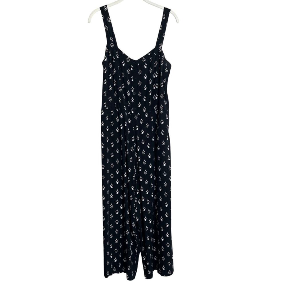 LOFT Navy Abstract Floral Wide Leg Jumpsuit Size Large Smocked Back Rayon Boho